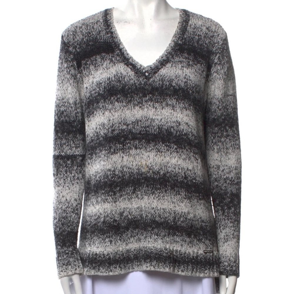 MICHAEL Michael Kors Black & White Stripe V-Neck Knit Sweater Black Size L
